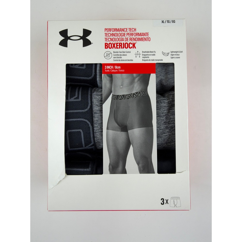 Under Armour Mens Boxerjock 3 Inch Trunk 3-Pack Black Grey XL 1383882-035